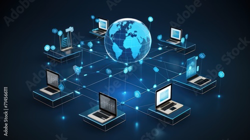 A data exchange, digital marleting infographic with communication network icons, internet network connection, photo, on a blue background. © Phoophinyo