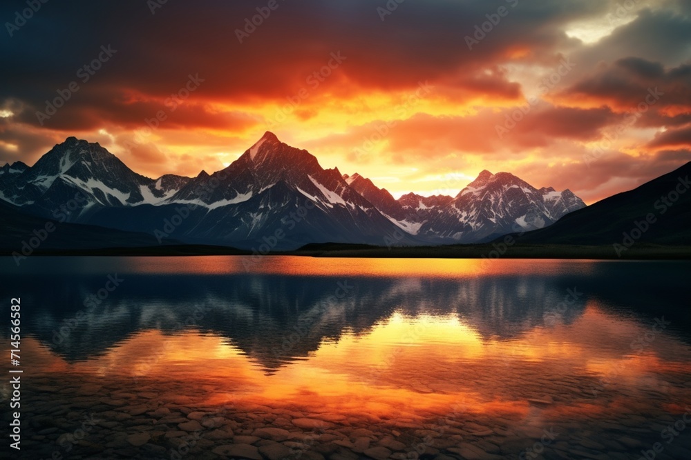 A breathtaking sunset over a lake, framed by majestic mountains in the background