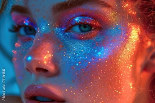 Portrait of a female model with bright holographic makeup fashion