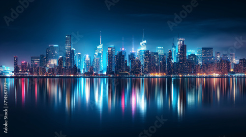 Vibrant Cityscape Reflections: Electric Blue Night Skyline Mirrored on Calm Waters, Urban Architecture and Skyscrapers Illuminated - High-Resolution Wallpaper for Urban Life Enthusiasts