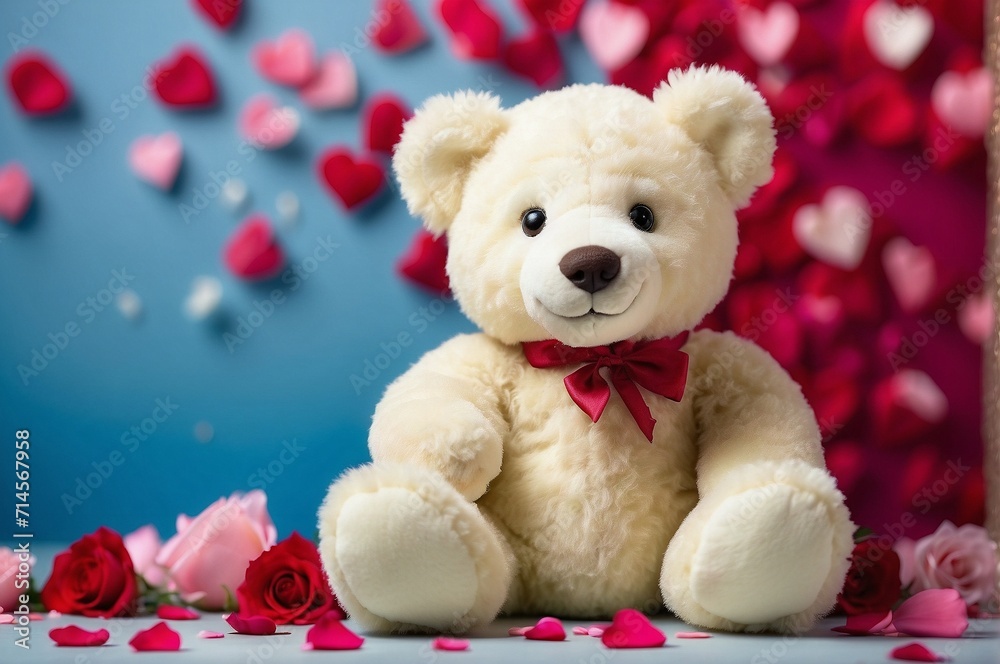 Teddy bear surrounded by hearts and rose petals, – a cute and romantic image for love occasions. Teddy bear surrounded by hearts and rose petals, – a cute and romantic image for love occasions.