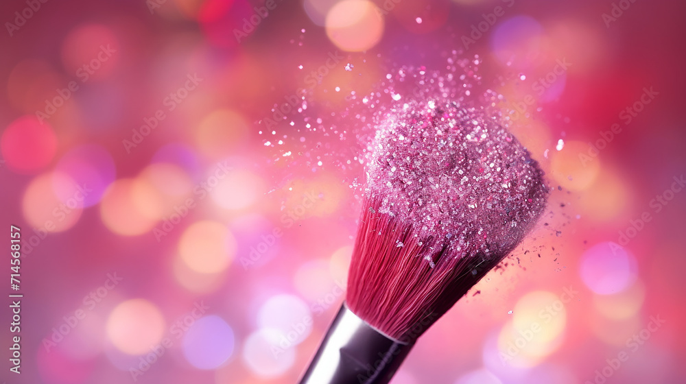 close up professional cosmetic makeup brush with blurred glittering background - obrazy, fototapety, plakaty 