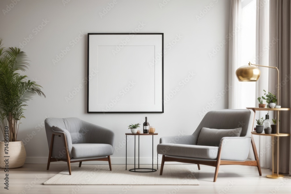 Fototapeta premium Interior home design of modern living room with gray armchair and gray wall with mockup poster frame