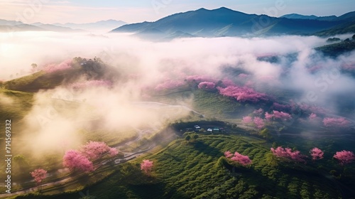 Stunning Booming cherry blossom over the hills and green tea plantations at hazy light morning, landscape with copy space © AUNTYANN