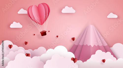 Vector illustration of landscape with hot air balloon above mountains in sunset. Romantic, Love, Valentine concept.