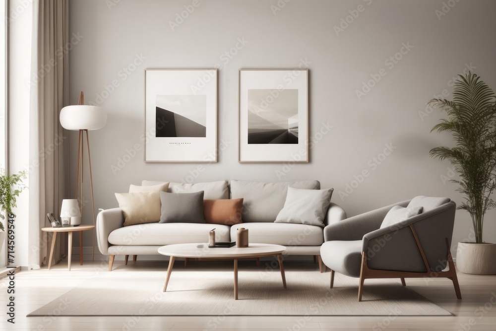 Japandi interior home design of modern living room with gray armchair and beige sofa with poster frames on the wall