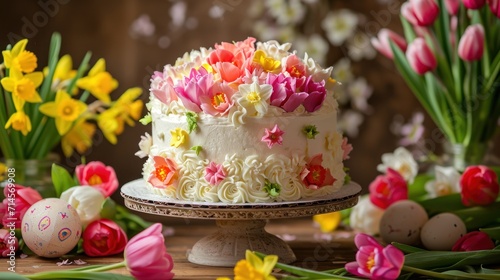  a white cake sitting on top of a wooden table next to flowers and an egg on top of a cake stand with an egg in the middle of the cake.