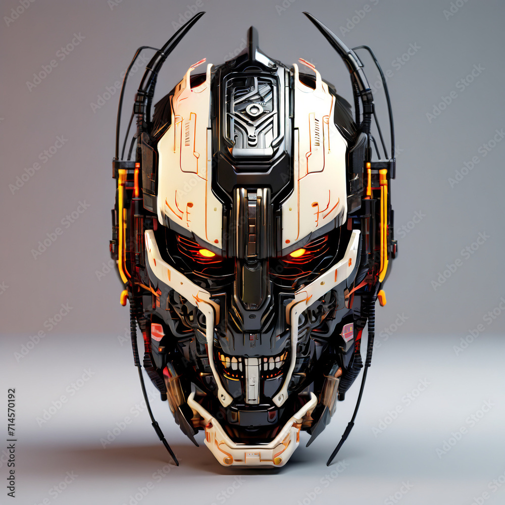 3D illustration of a white robot mask with horns and bright orange eyes