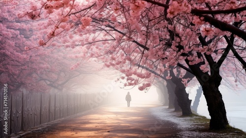 One woman standing under booming cherry blossom over the hill and green tea plantation at hazy light morning © AUNTYANN