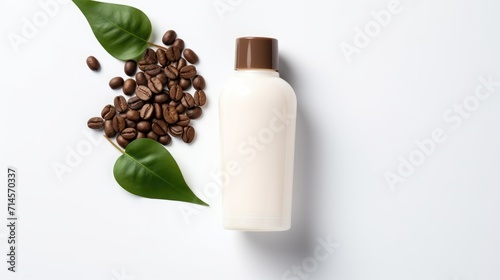Beauty product inspired by coffee. White bottle with bode lotion or soap lotion, shampoo or shower gel from coffee. Toning shampoo coffee. Bottle is made of recyclable plastic