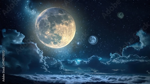  an image of a full moon in the sky with clouds in the foreground and a few stars in the sky in the middle of the middle of the picture.