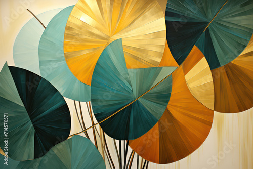Colorful Asian Umbrella: A Vibrant Artwork of Traditional Asian Design and Nature-inspired Elements on a Retro Geometric Background photo
