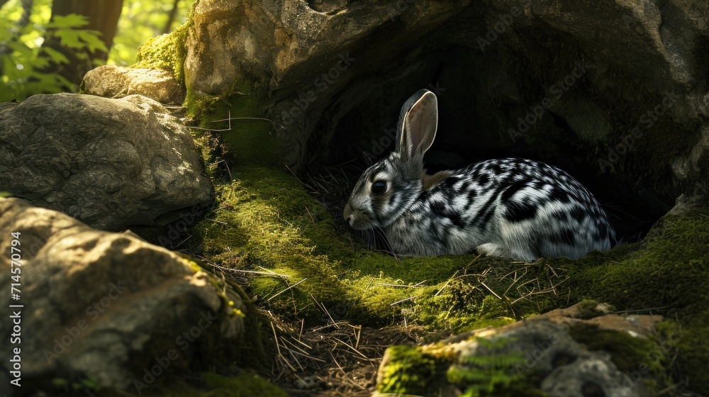  a rabbit is sitting in the middle of a mossy area with rocks and trees in the background and a cave in the middle of the ground with mossy rocks.