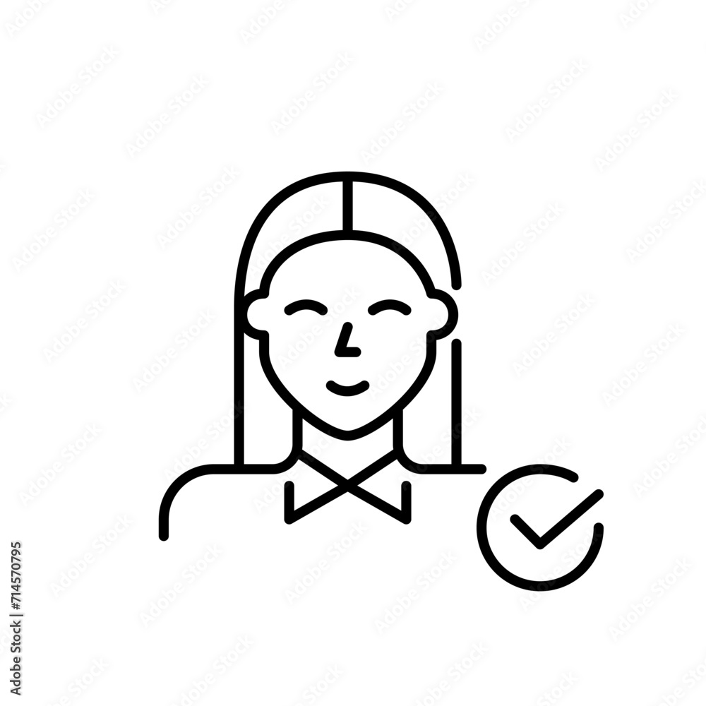 Hiring a candidate for a job position. Young professionally looking smart woman with check mark symbol. Pixel perfect, editable stroke icon Hiring a candidate for a job position. Young professionally looking smart woman with check mark symbol. Pixel perfect, editable stroke icon
