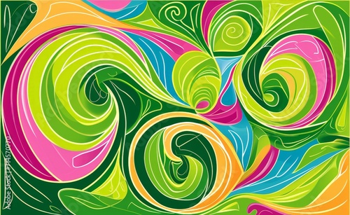 Artwork Vector Illustration of Abstract Swirls in the Style of Colourful Mosaics - Light Green and Pink Bold Outline Colorful Gardens Complementary Background created with Generative AI Technology
