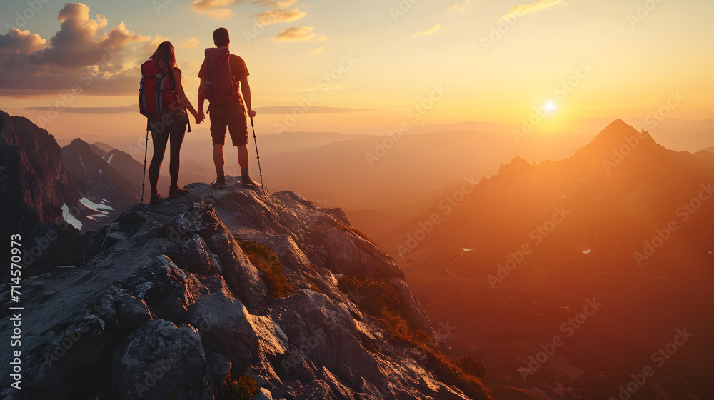 Fototapeta premium Couple of man and woman hikers on top of the mountain at sunset or sunrise, together enjoying the moment their climbing success, looking towards the horizon