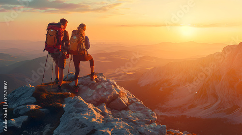 Couple of man and woman hikers on top of the mountain at sunset or sunrise, together enjoying the moment their climbing success, looking towards the horizon