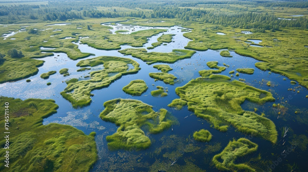  an aerial view of a large body of water surrounded by land covered in green grass and surrounded by wooded area with lots of trees in the middle of the water.