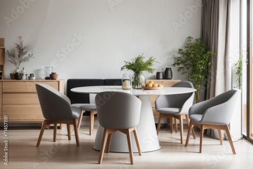 Scandinavian interior home design of modern dining room with chairs and round wooden dining table