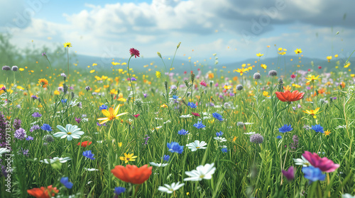 Vibrant Summer Meadow: A Lush Field of Wildflowers with a Symphony of Colors under a Bright Sky, Perfect for Nature Backgrounds and Botanical Design
