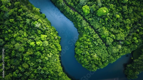  an aerial view of a river in the middle of a lush green forest with a blue river running through the center of the river, surrounded by lush green trees.