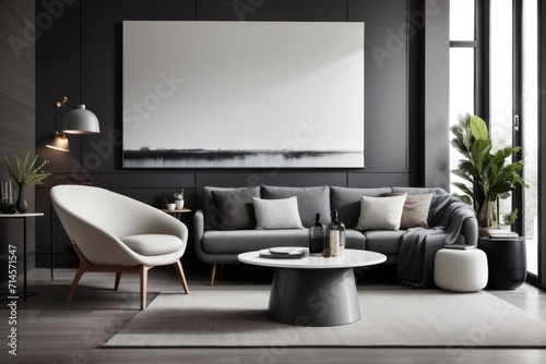 Scandinavian interior home design of modern living room with gray sofa and round table with dark gray paneled wall © Basileus