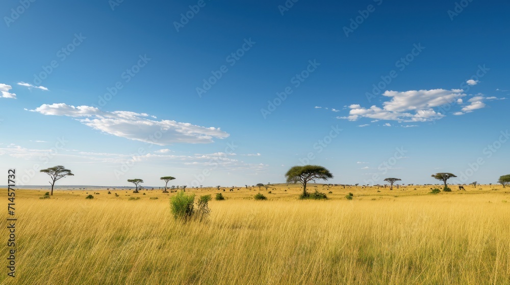  a grassy field with trees in the distance and a blue sky with white clouds in the background with a few scattered