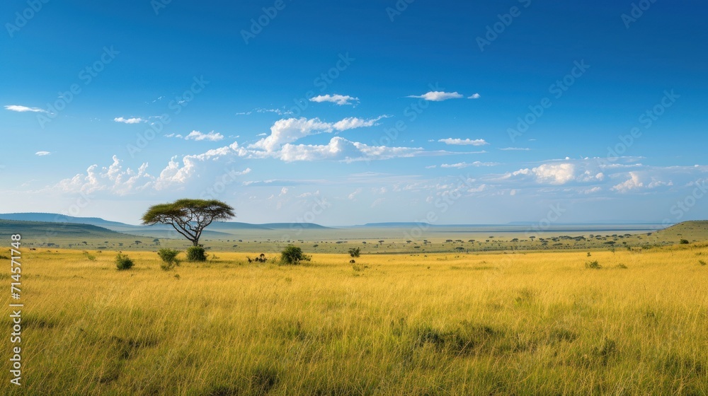  a field of grass with a lone tree in the middle of the field and mountains in the distance with a blue sky with wispy clouds in the background.