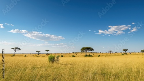  a grassy field with trees in the distance and a blue sky with white clouds in the background with a few scattered