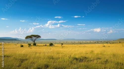  a field of grass with a lone tree in the middle of the field and mountains in the distance with a blue sky with wispy clouds in the background.