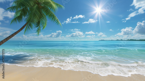 Tropical Escape  Sparkling Turquoise Waters and Lush Palm on a Sunny Beach with Gentle Waves
