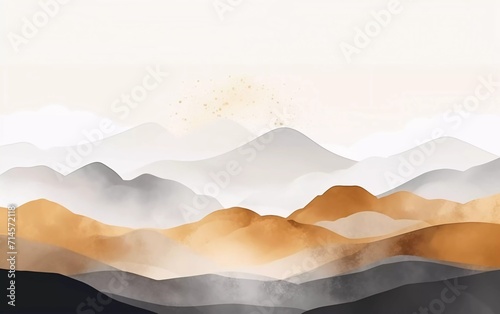 Vector illustration of mountain background. Minimal landscape art with watercolor brushes and gold line art texture. very impressive art