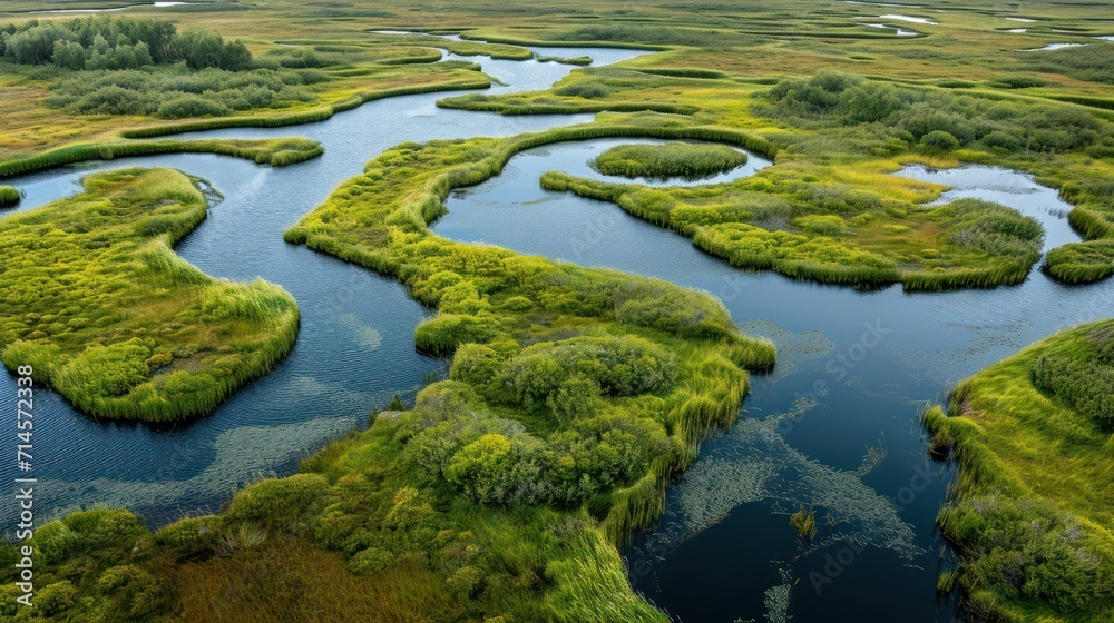  an aerial view of a river running through a lush green field with lots of trees and grass on both sides of the river, surrounded by a series of small islands.