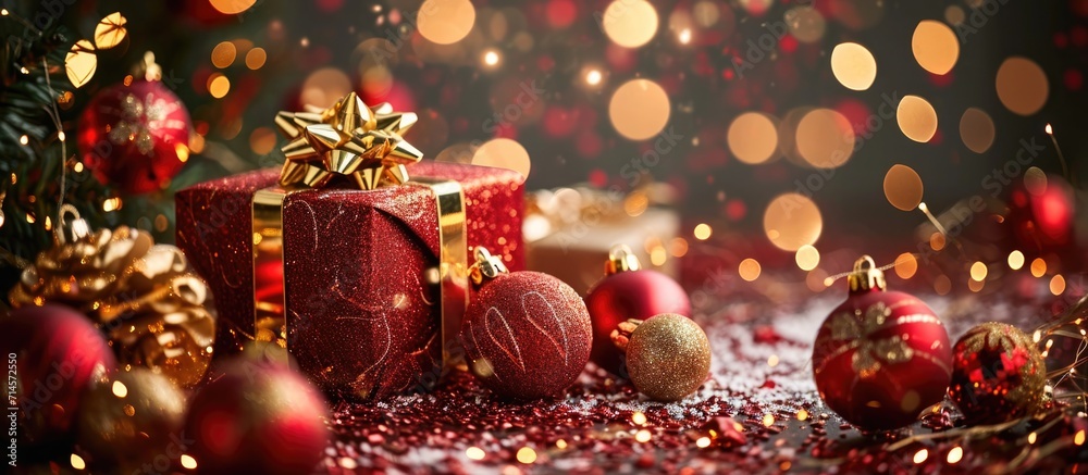 Shiny decorations and fancy presents in red and gold. Shiny decorations and fancy presents in red and gold.