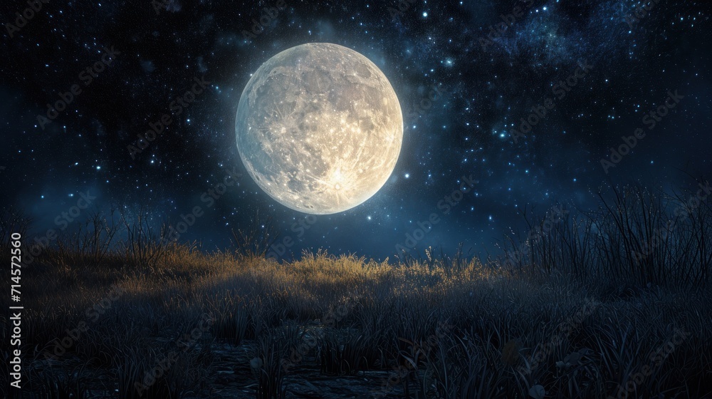  a full moon in the night sky above a grassy area with tall grass and weeds in the foreground, and a few stars in the sky above the horizon.