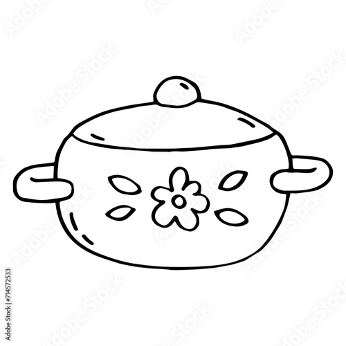 Black and white vector illustration of pan isolated on a white. Soup pot in doodle style