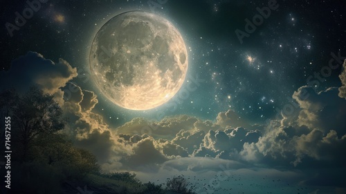  a painting of a full moon in the night sky with clouds and trees in the foreground and a dark blue sky with stars and clouds in the foreground. photo