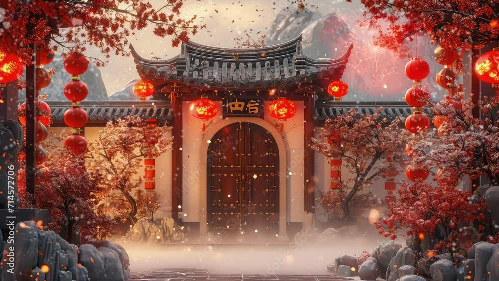 Happy chinese new year - text animation message with chinese house and lanterns in the chinese style. seamless 4k video looping background. generated with ai