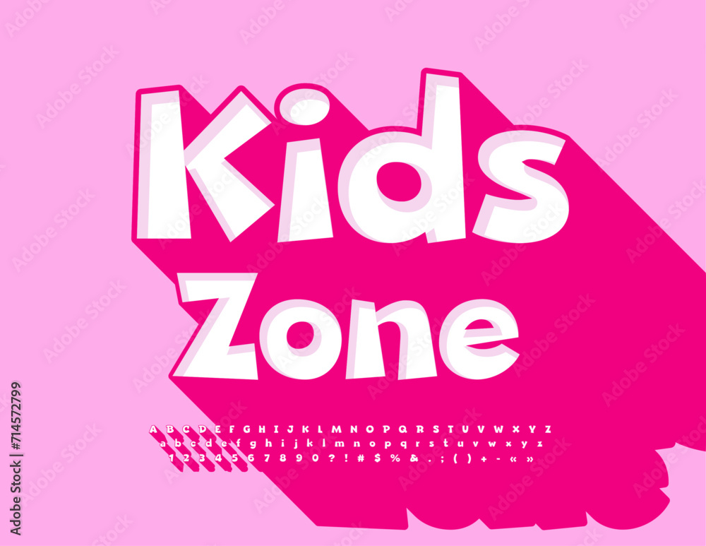 Vector bright banner Kids Zone. Creative White 3D Font with Big Pink Shadow. Childish cute Alphabet Letters and Numbers set. Vector bright banner Kids Zone. Creative White 3D Font with Big Pink Shadow. Childish cute Alphabet Letters and Numbers set.
