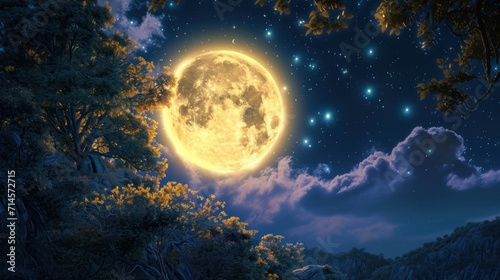  a painting of a full moon in the night sky with clouds and trees in the foreground, and stars in the sky, and in the background, in the foreground. © Olga