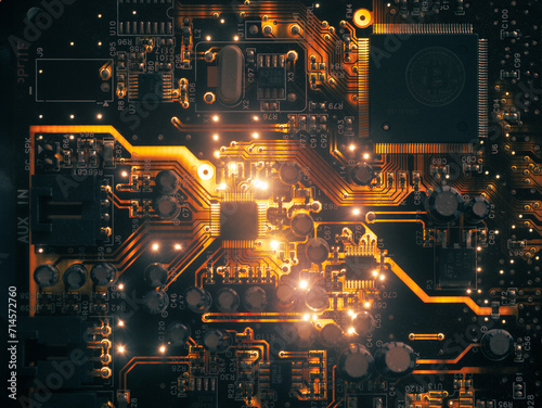 Electronic glowing complex circuit board technology background concept.