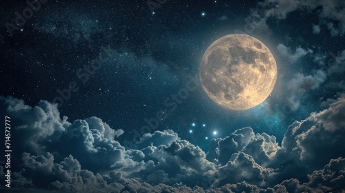  a full moon in the night sky with clouds and stars in the foreground and a dark blue sky with a few white clouds and a few stars in the foreground.