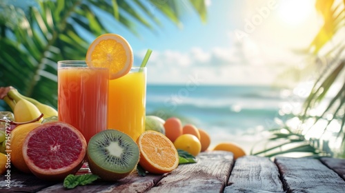Fototapeta Naklejka Na Ścianę i Meble -  Fresh fruits juice on a wooden terrace on beach background 