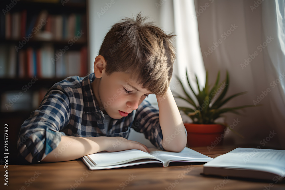 Boy child reading a book. Child with dyslexia trying to study Boy child reading a book. Child with dyslexia trying to study