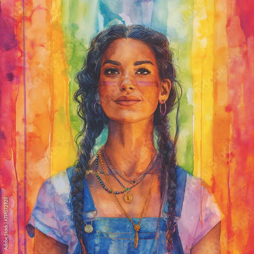 A vibrant watercolor illustration of a BIPOC woman with a background of rainbow colors, symbolizing diversity and pride.