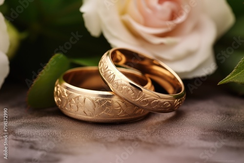 Pair of Golden wedding ring on a white bouquet of rose background.