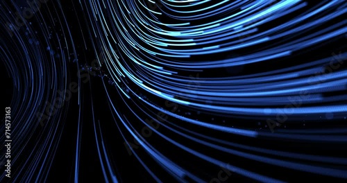 Descending and expanding stream of moving blue lines from dots on a black background. Flying blue particles. Abstract animation.