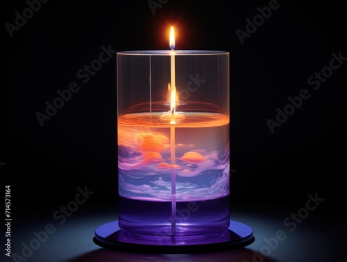  a lit candle sitting inside of a glass on top of a blue plate with a purple base and a yellow candle sticking out of the middle of the top of the candle.