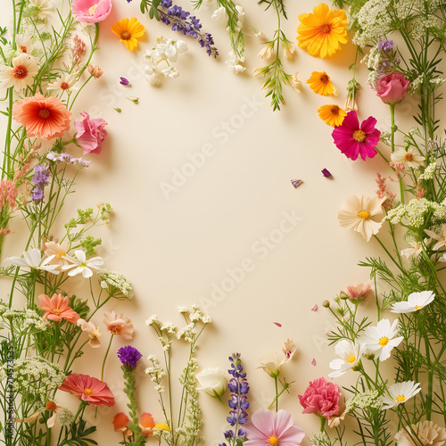 Spring and Summer seasonal colorful flower background design for social media post with copy-space for text. Beautiful realistic floral frame in warm color tone on blank beige background.