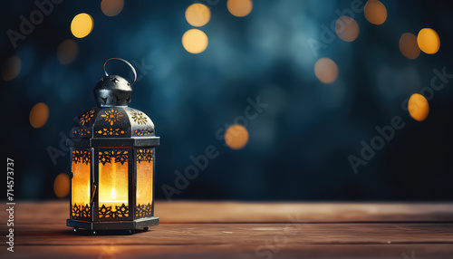 Arabic lantern on wooden background, ramadan concept